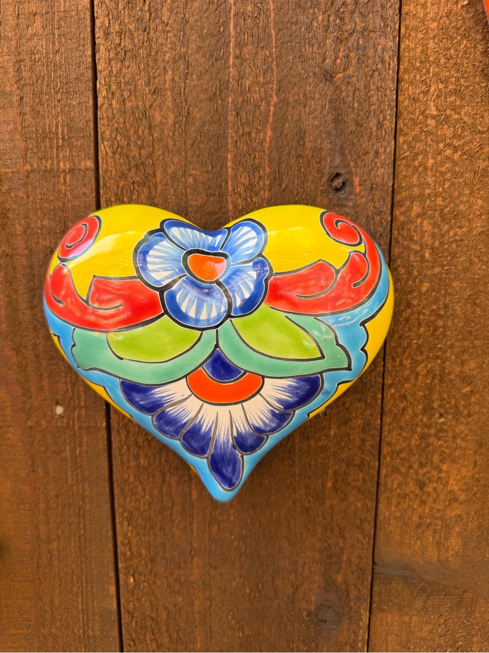 Hand-Painted Yellow Talavera Floral Heart Wall Art